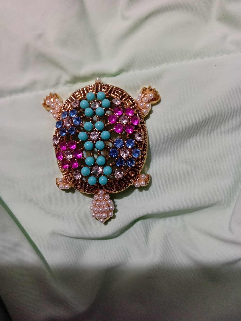 Gold Turtle Brooch with Turquoise, Pink and Blue Stones